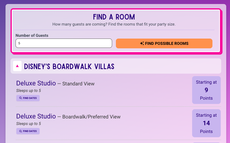 Screenshot of the 'Find A Room' form, in which 5 guests were entered. Results include Boardwalk Villas rooms, showing them from lowest per-night points to highest.